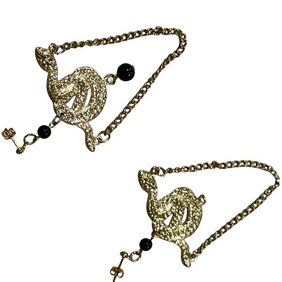 Gold Snake Statement Earrings Black Beads Asymmetrical Pair Gothic Y2K Jewelry - Picture 5 of 7